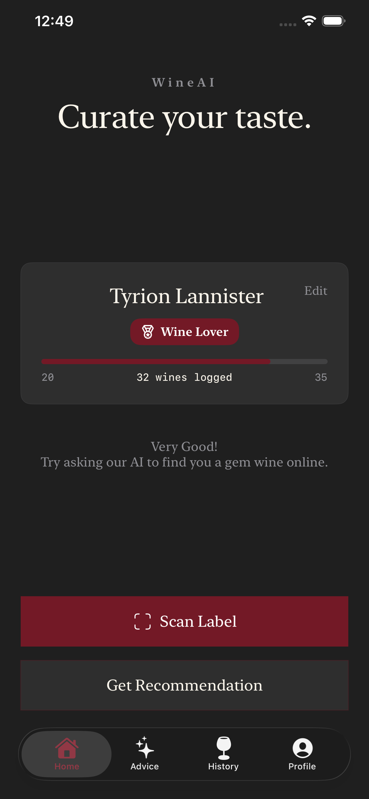 WineAI Home Screen